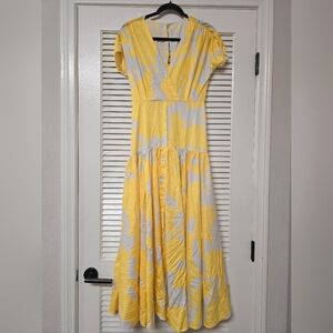 White & Yellow V-Neck Lightweight Short-Sleeve Maxi Dress With Leg Slit